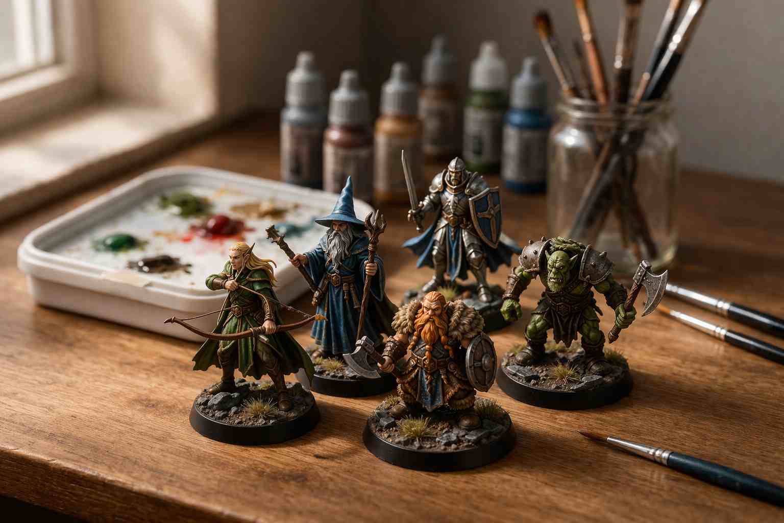 painted miniature figurines created using Army Painter Wet Palette with brushes and paints in background