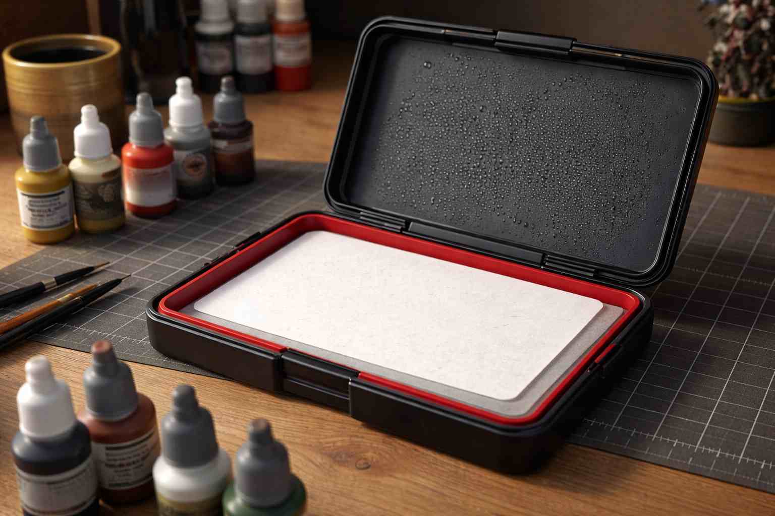 Fresh Army Painter hydration paper sheet placed on foam inside Army Painter Wet Palette, ready for miniature painting
