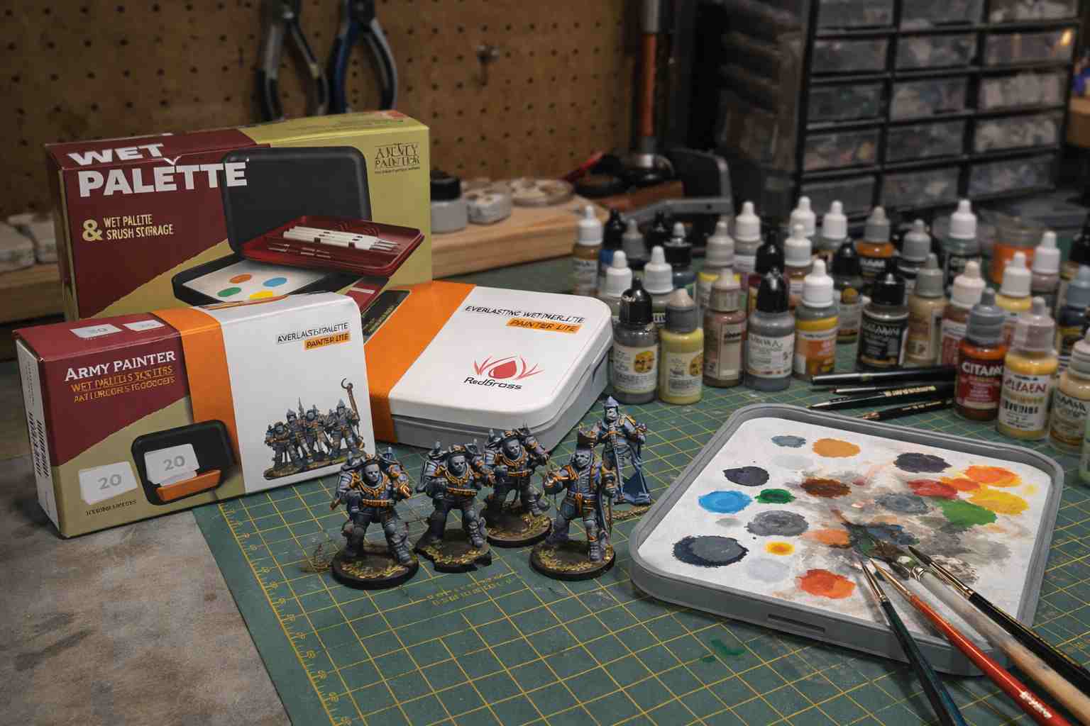 miniature painting supplies — wet palette, brushes, and acrylic paints on a painter's desk
