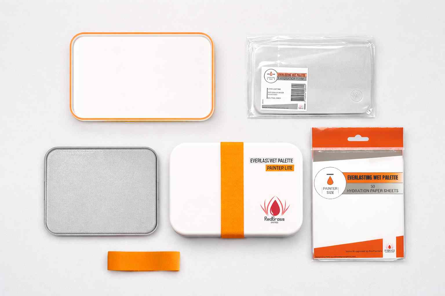 Redgrass Games Painter Lite components — hydration foam, paper sheets and palette case