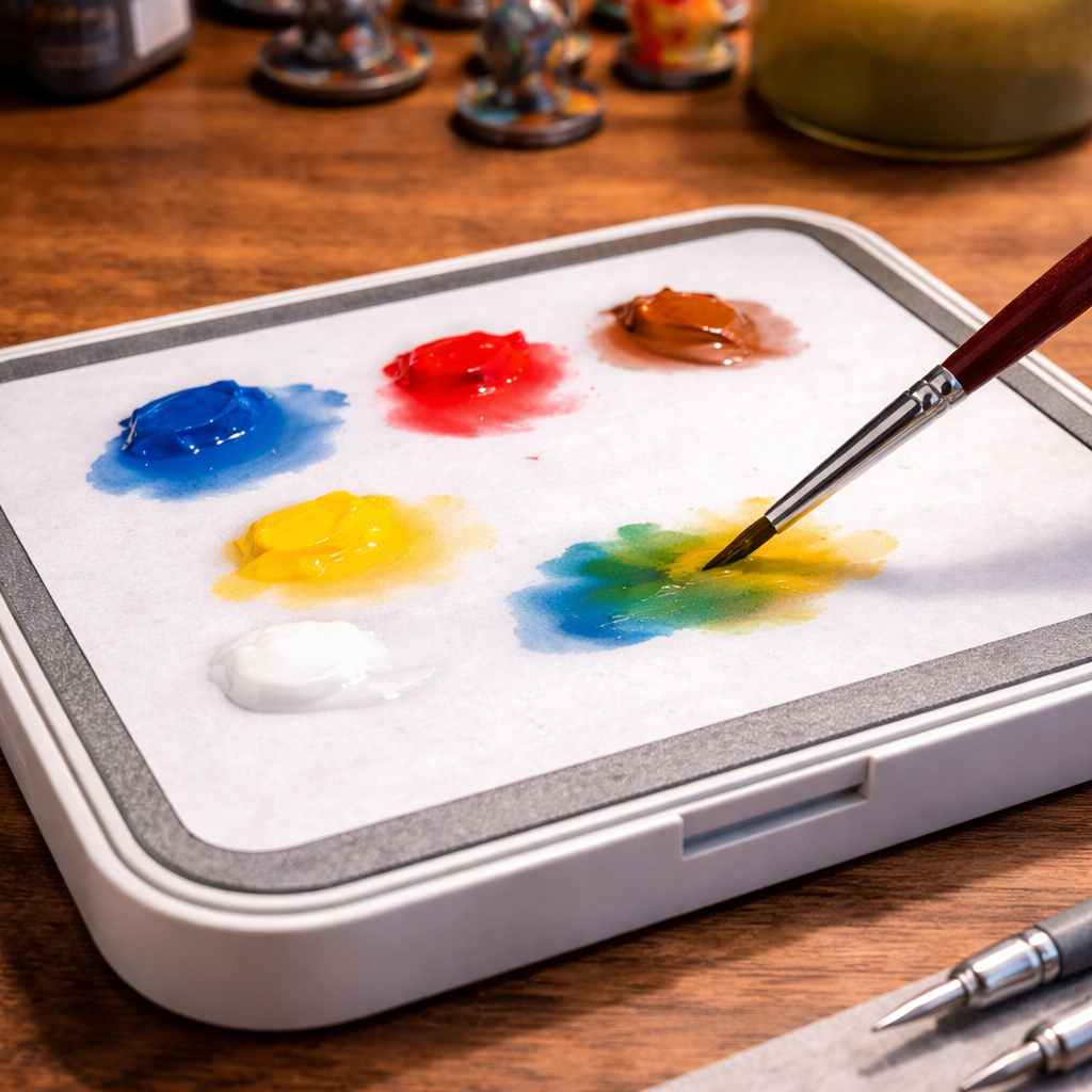 acrylic paints applied to Redgrass Games Painter Lite hydration paper for miniature painting