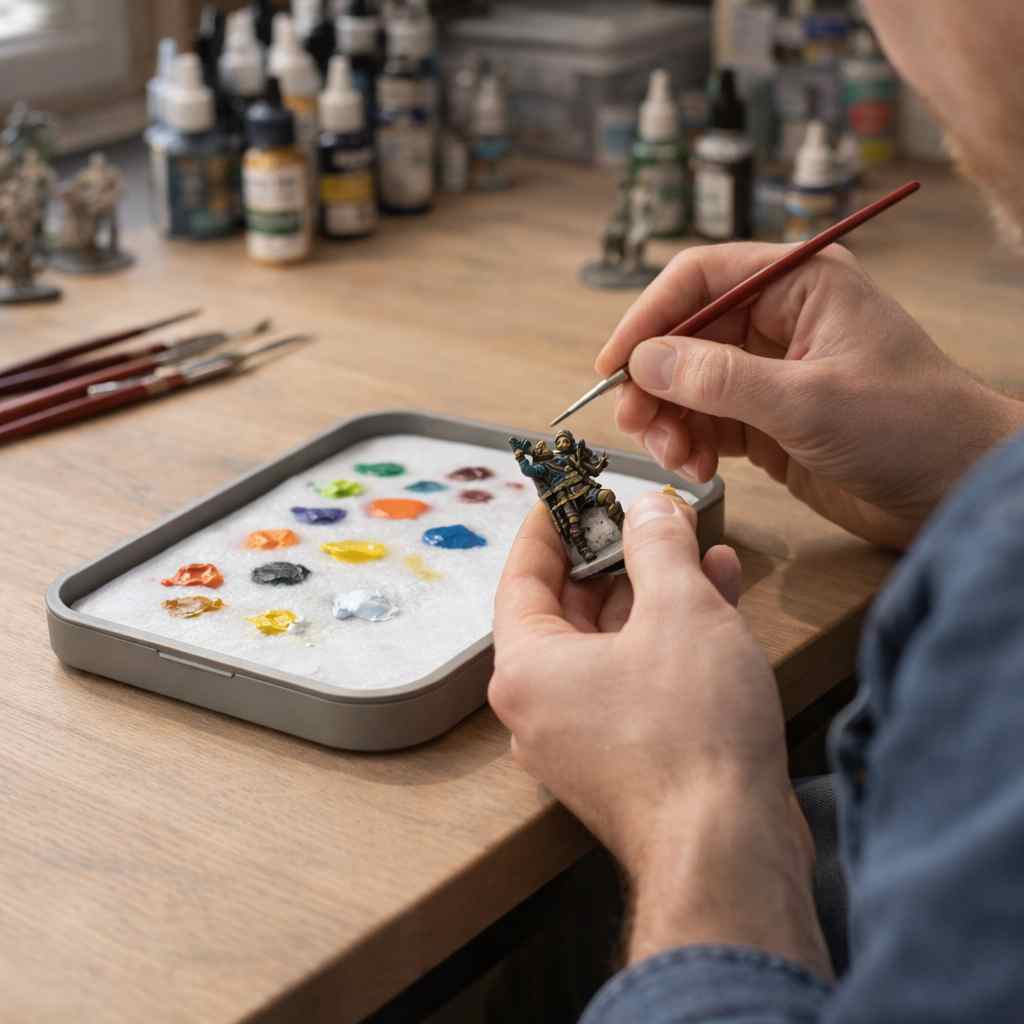 acrylic paints on Redgrass hydration paper during a miniature painting session